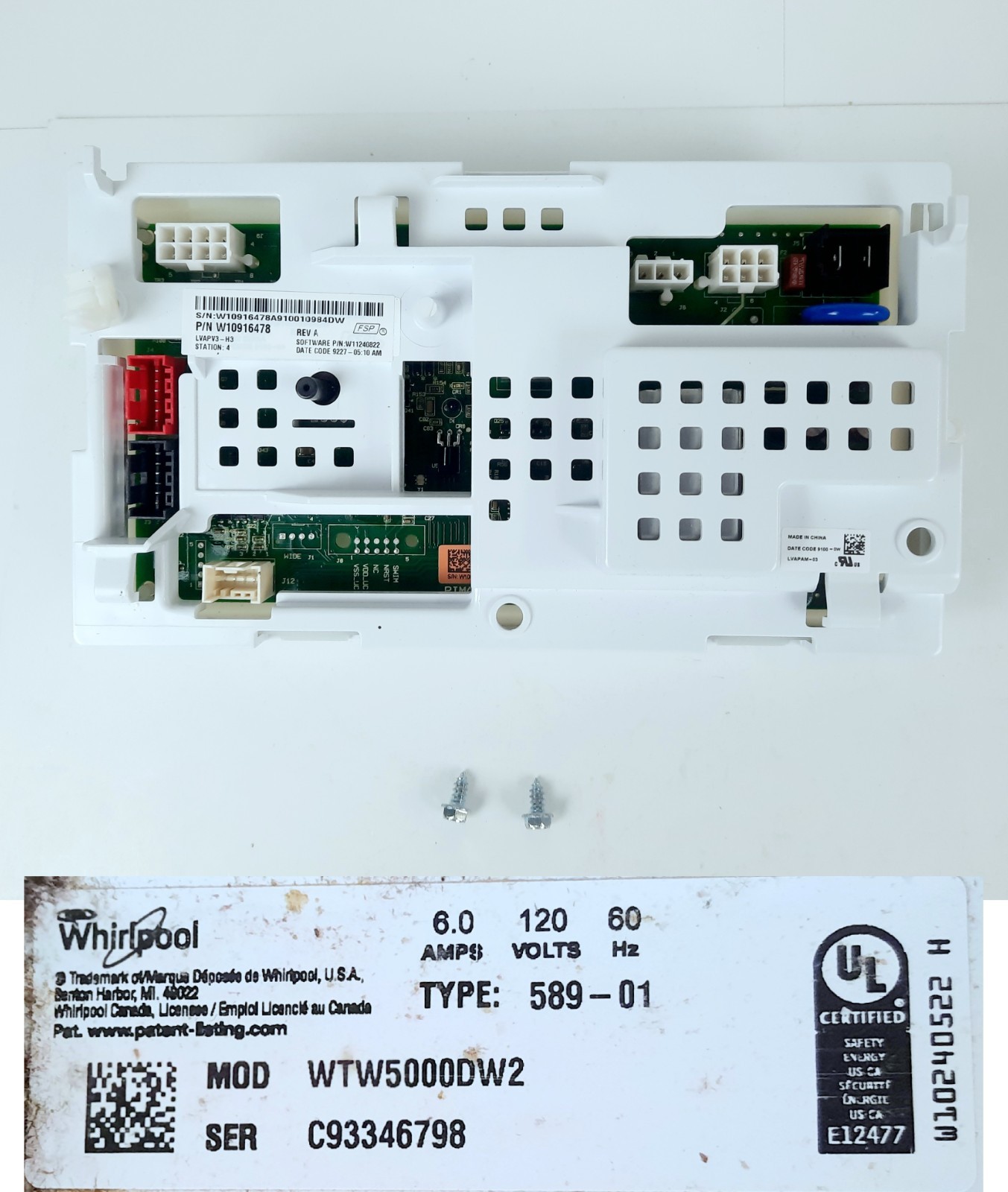 Whirlpool Washer OEM Control Board W10916478 W/Mounting Screws Tested & Working gallery
