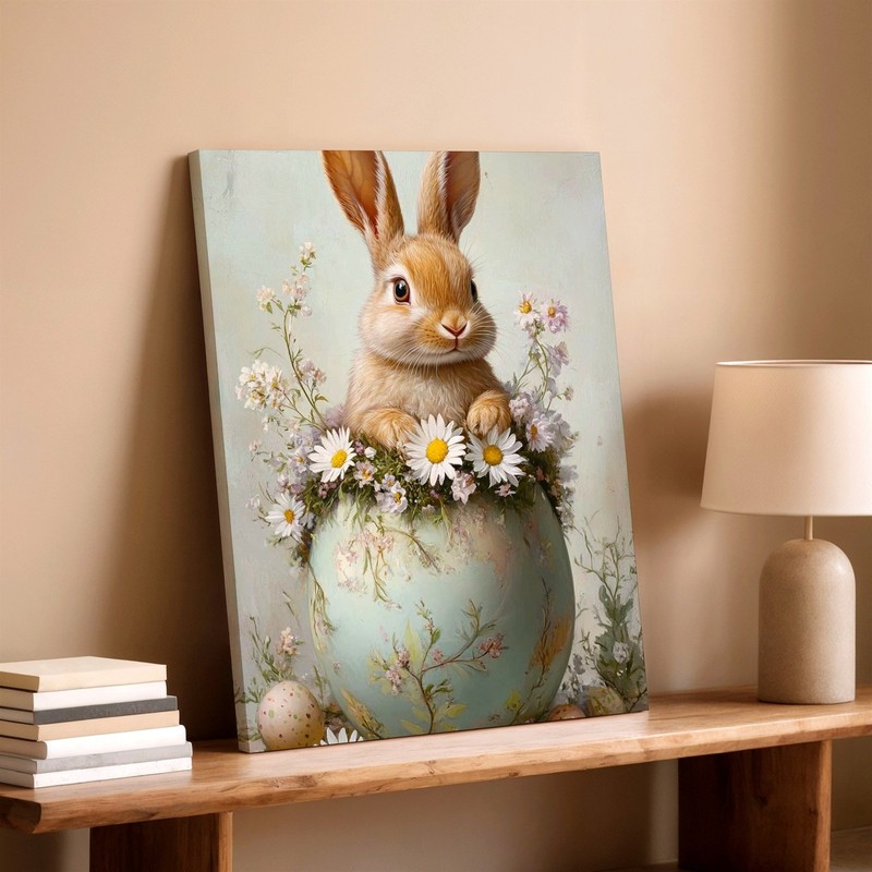 Wall Art Bunny Rabbit in Floral Easter Egg Daisies Spring Pastel Canvas Print gallery