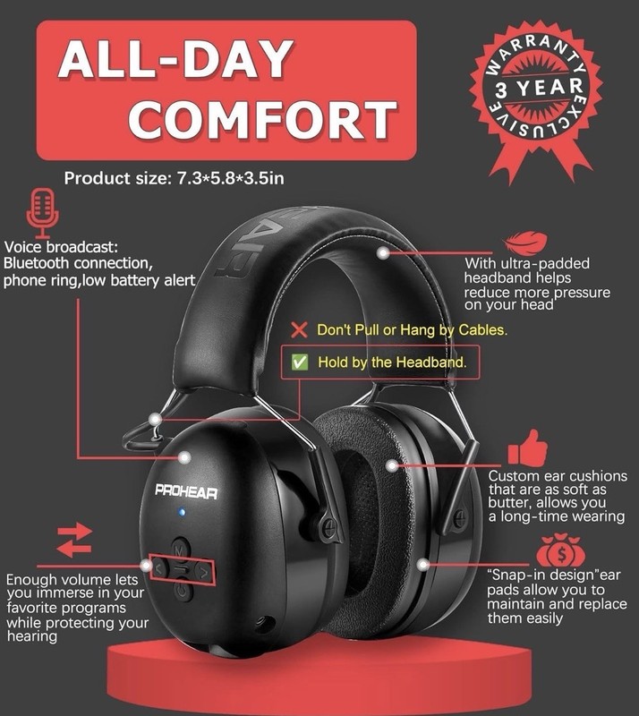 Prohear EM037 Bluetooth Hearing Protector Headphones 30dB Noise Reduction gallery