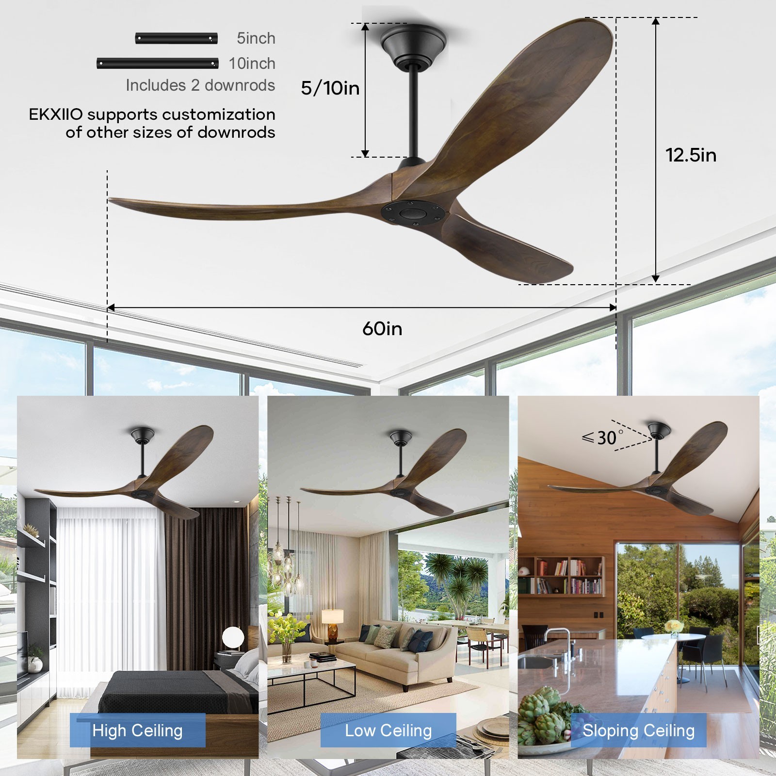 52/60/72in Rustic Wood Ceiling Fan & Remote Noiseless Reversible DC Fan 6 Speed gallery