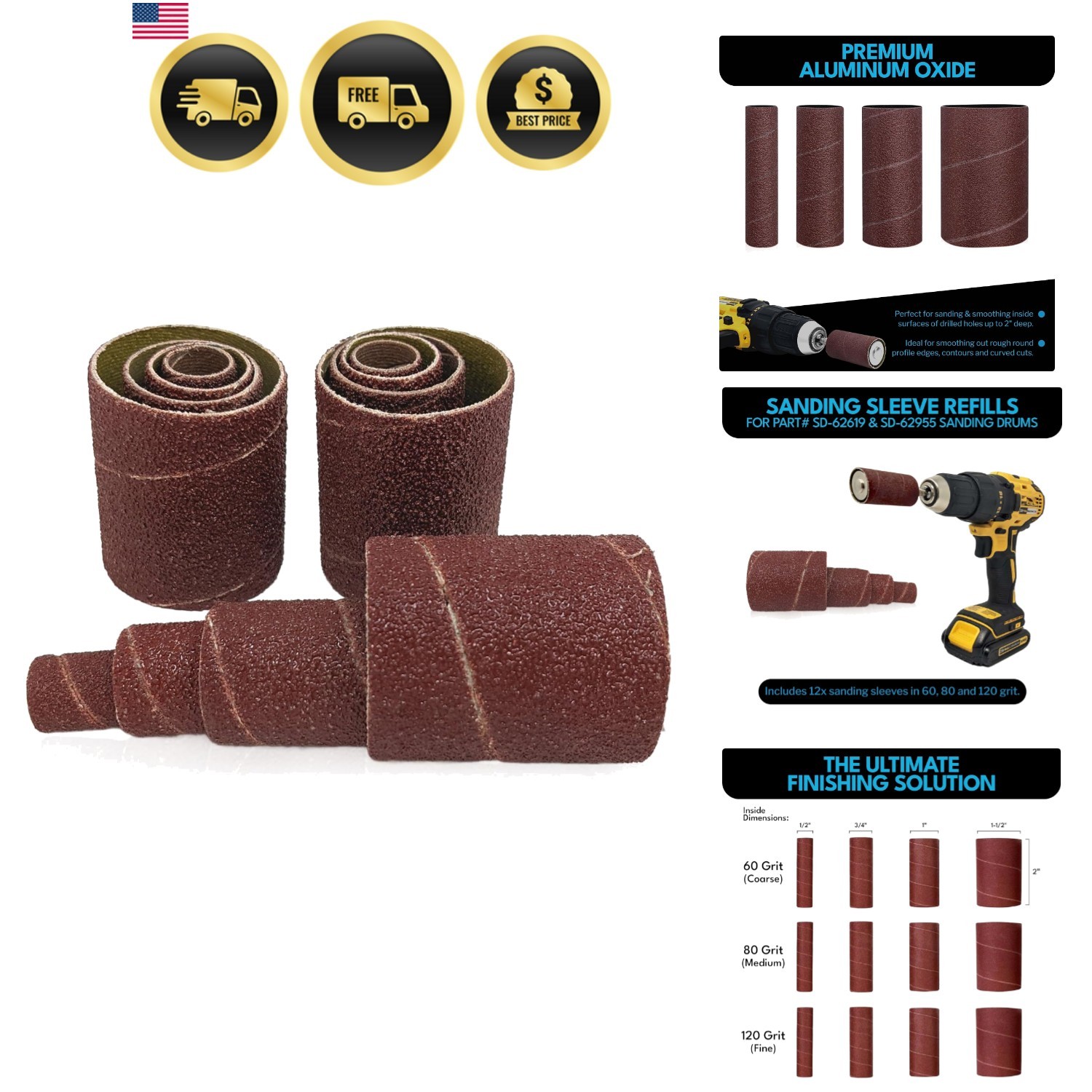 12 Pack Spindle Sanding Sleeves, 2 Inch Long, 60, 80 and 120 Grit gallery