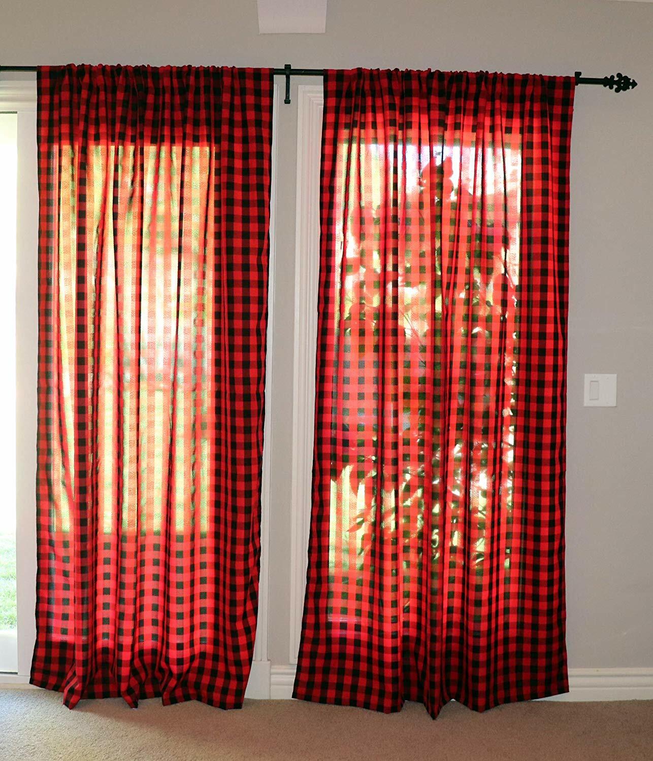 Gingham/Checkered Polyester Curtain Window Treatment/Decor Panel-Black and Red gallery