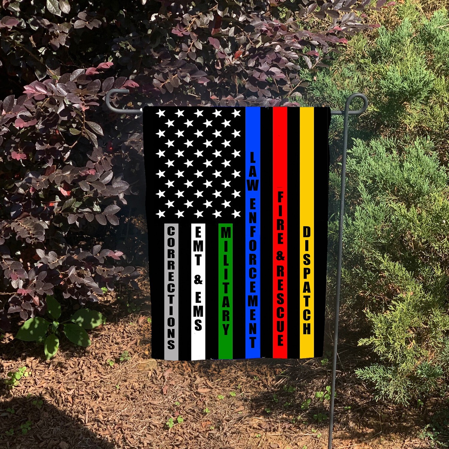 Police Fire EMS Military Dispatch CorrectionsTwo Garden Flags & Two Metal Stands gallery