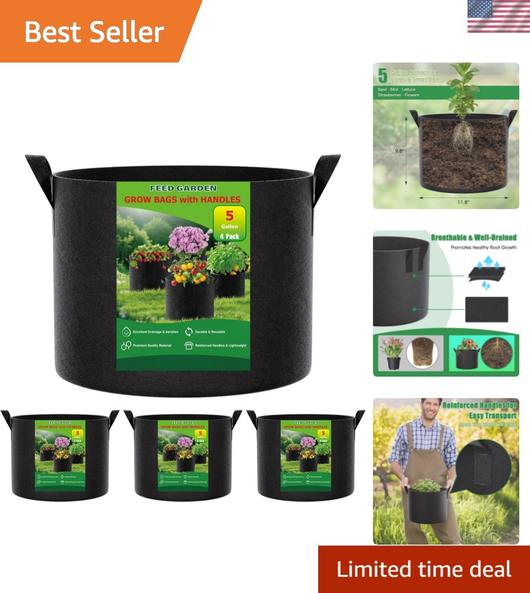 5 Gallon Grow Bags 4 Pack – 300G Thickened Fabric Plant Pots with Reinforced ... gallery