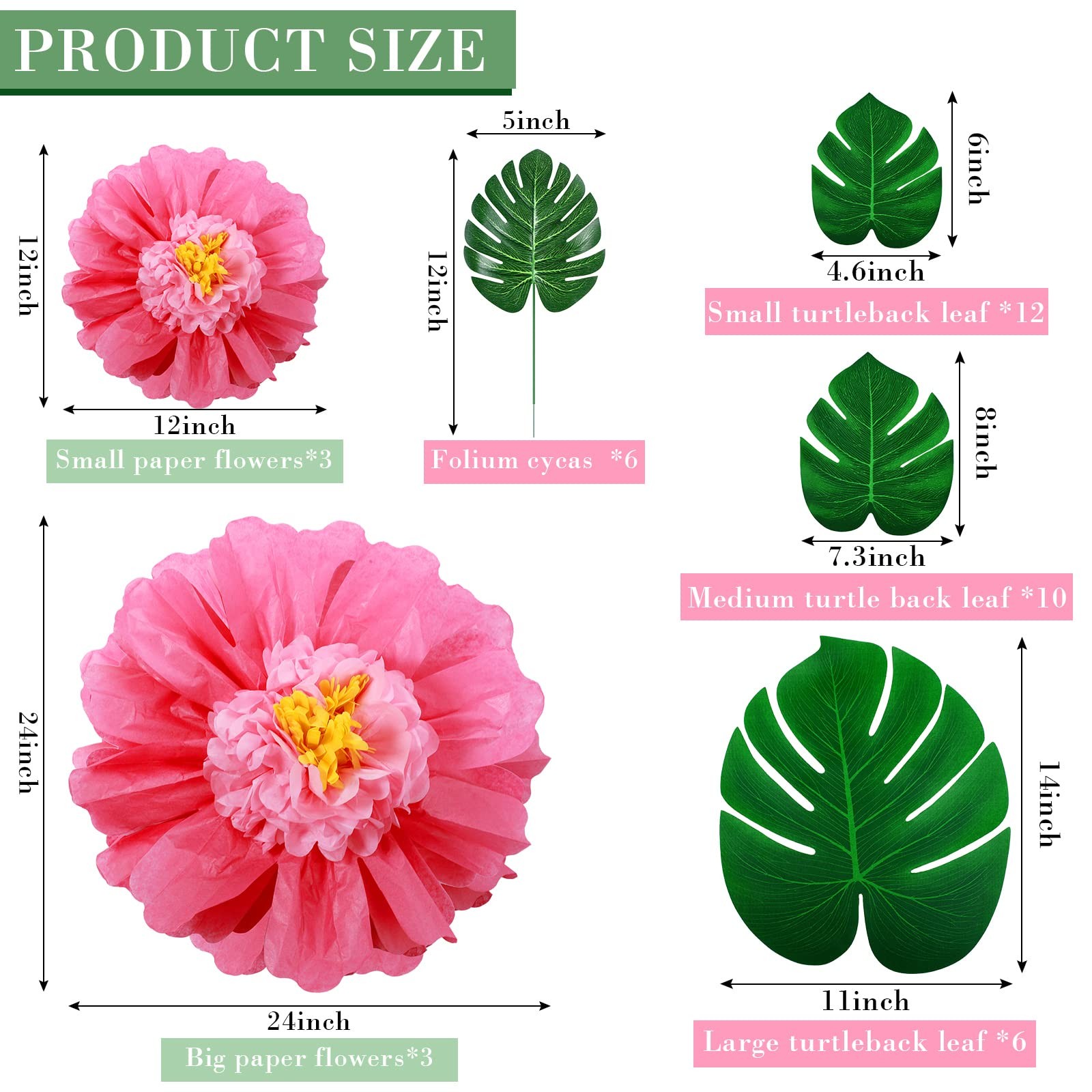 40 Pack Tropical Party Decor Hibiscus Flower Faux Palm Leaf Luau Set gallery