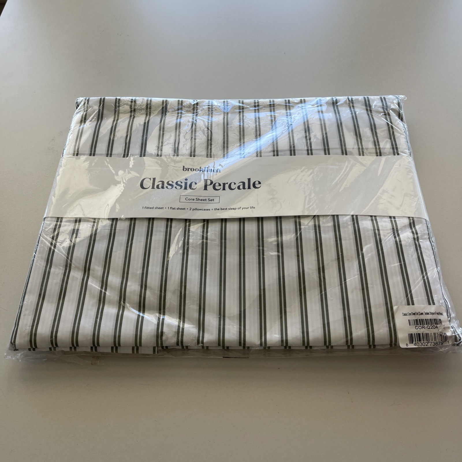 Brooklinen Cooling Cotton Percale Core Sheet Set Tandem Stripe Fresh Moss Queen gallery