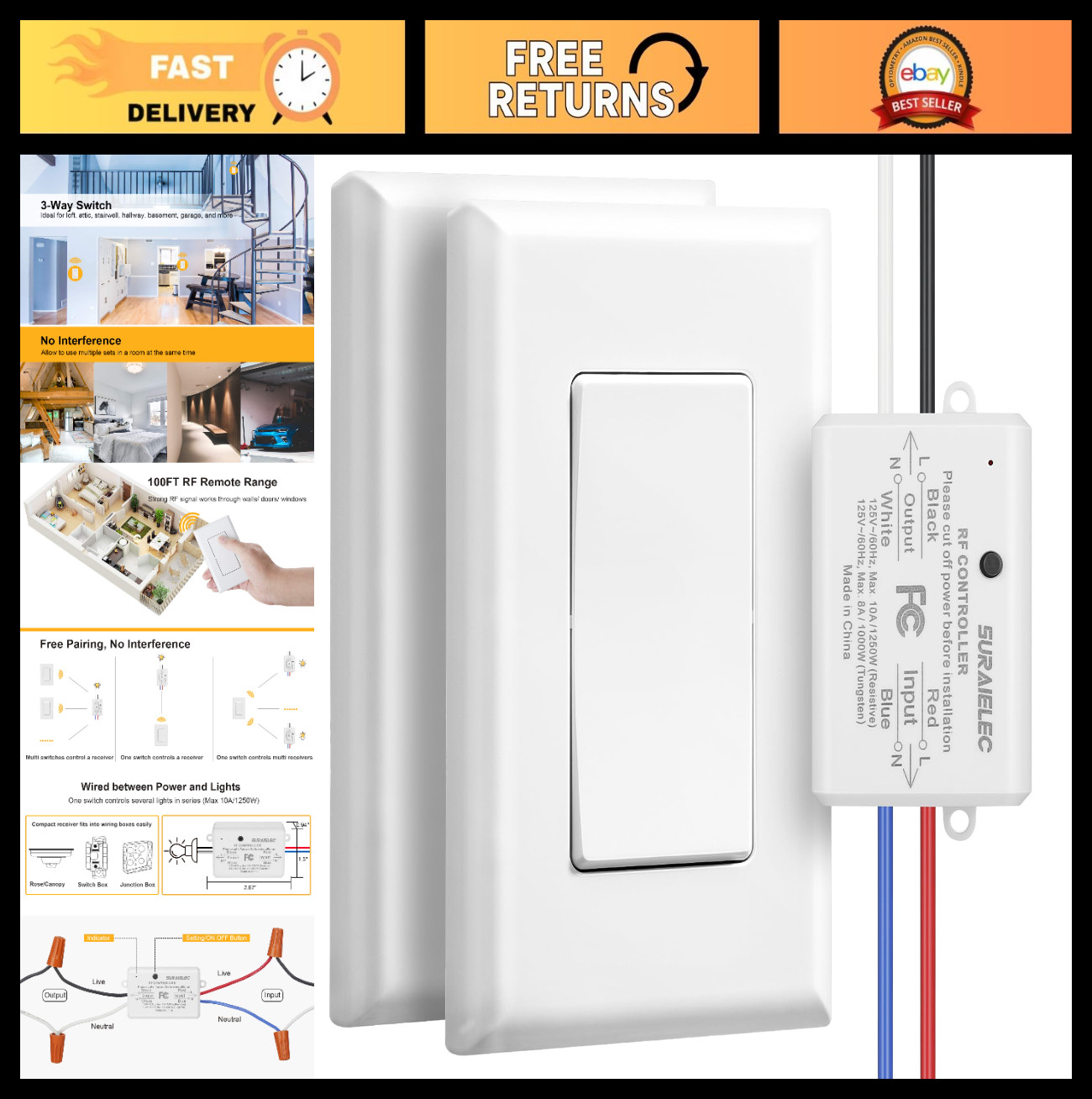 Wireless 3-Way Light Switch Kit - No Wiring, No WiFi, 100ft Range, Remote Contro gallery