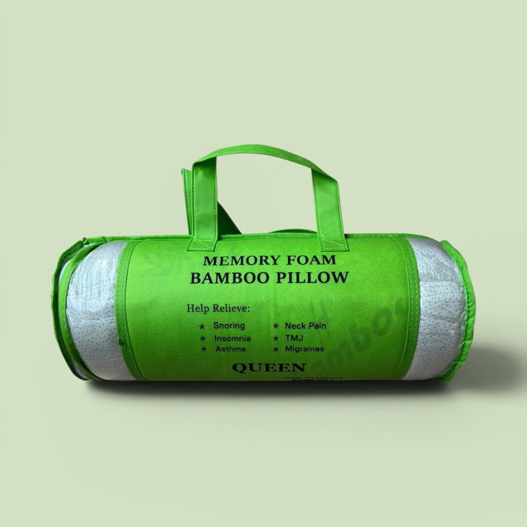 Memory Foam Bamboo Pillow, Queen Size, Green/White, Memory Foam Fill gallery