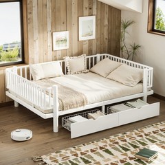 Full Size Metal MDF Platform Bed Frame Daybed Slatted W/ Storage Drawers White