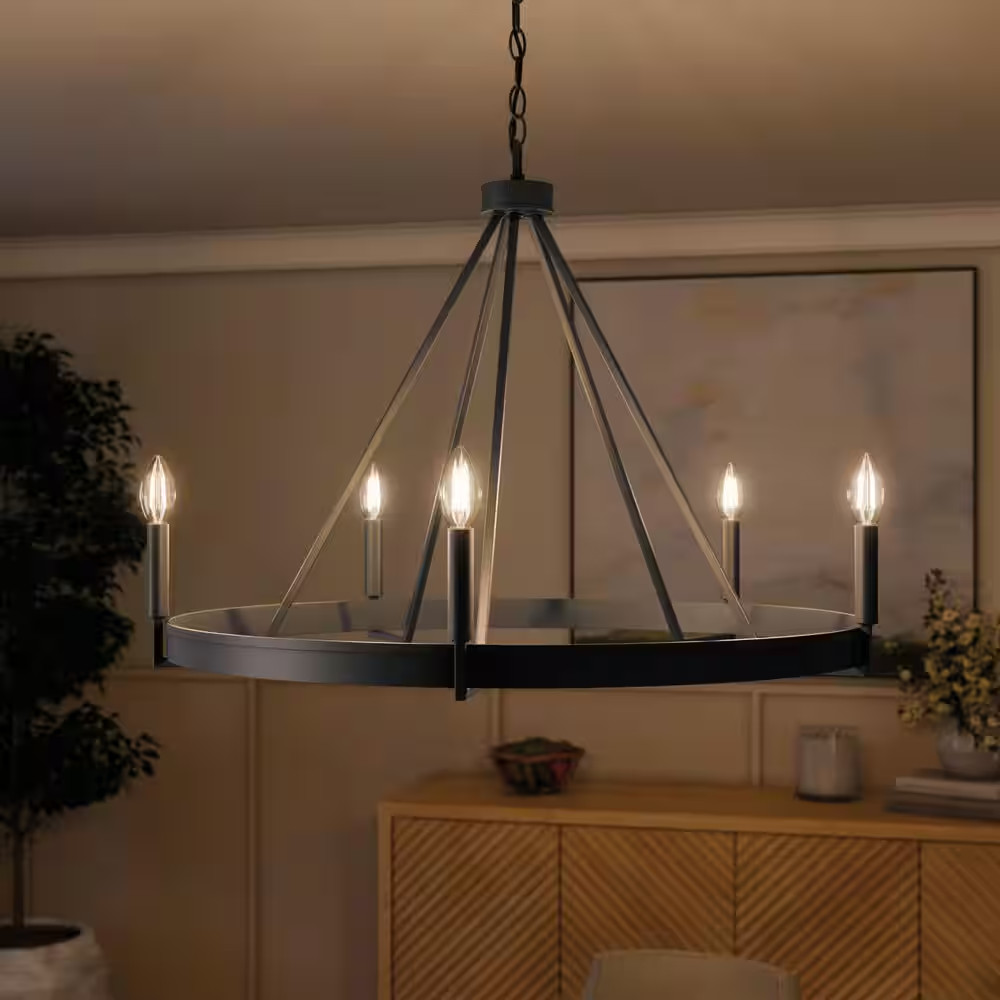 Aleswith Collection 32 in. 5-Light Matte Black Rustic Modern Chandelier for gallery