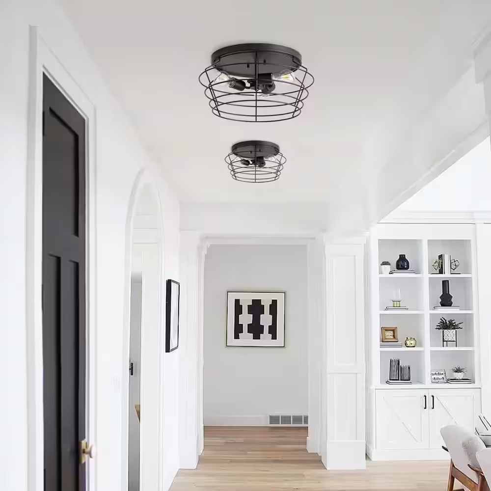 Modern12. 99 In. Matte Black 3-Light Metal Cage Flush Mount Ceiling Lighting Fix gallery