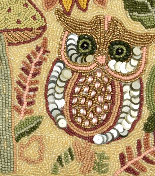 World Market Beaded Table Runner Owl Leaves Mushrooms Botanical Multi 13x36 NEW gallery