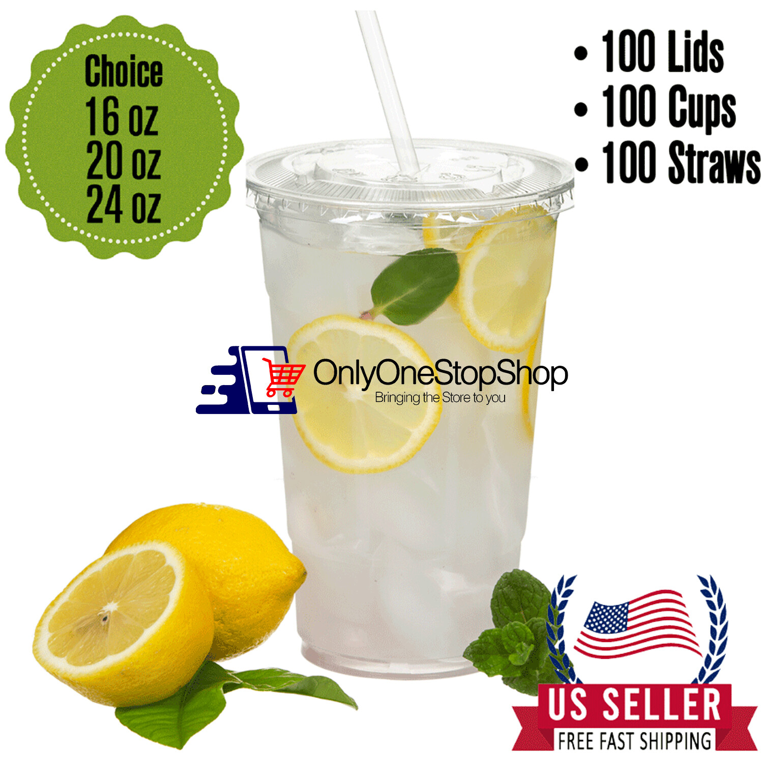 BULK [100 Set] Disposable Plastic To Go Cups with Flat Lids and Straws - Clear gallery