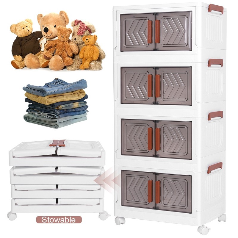 4 Tier Folding Storage Cabinet Stackable Boxes with Magnetic Doors & Wheels US gallery