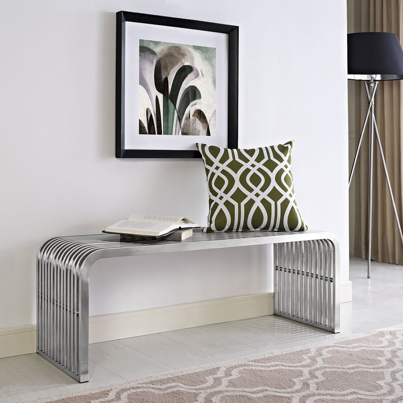 Modway Pipe Contemporary Modern Stainless Steel Metal Bench, 47" gallery