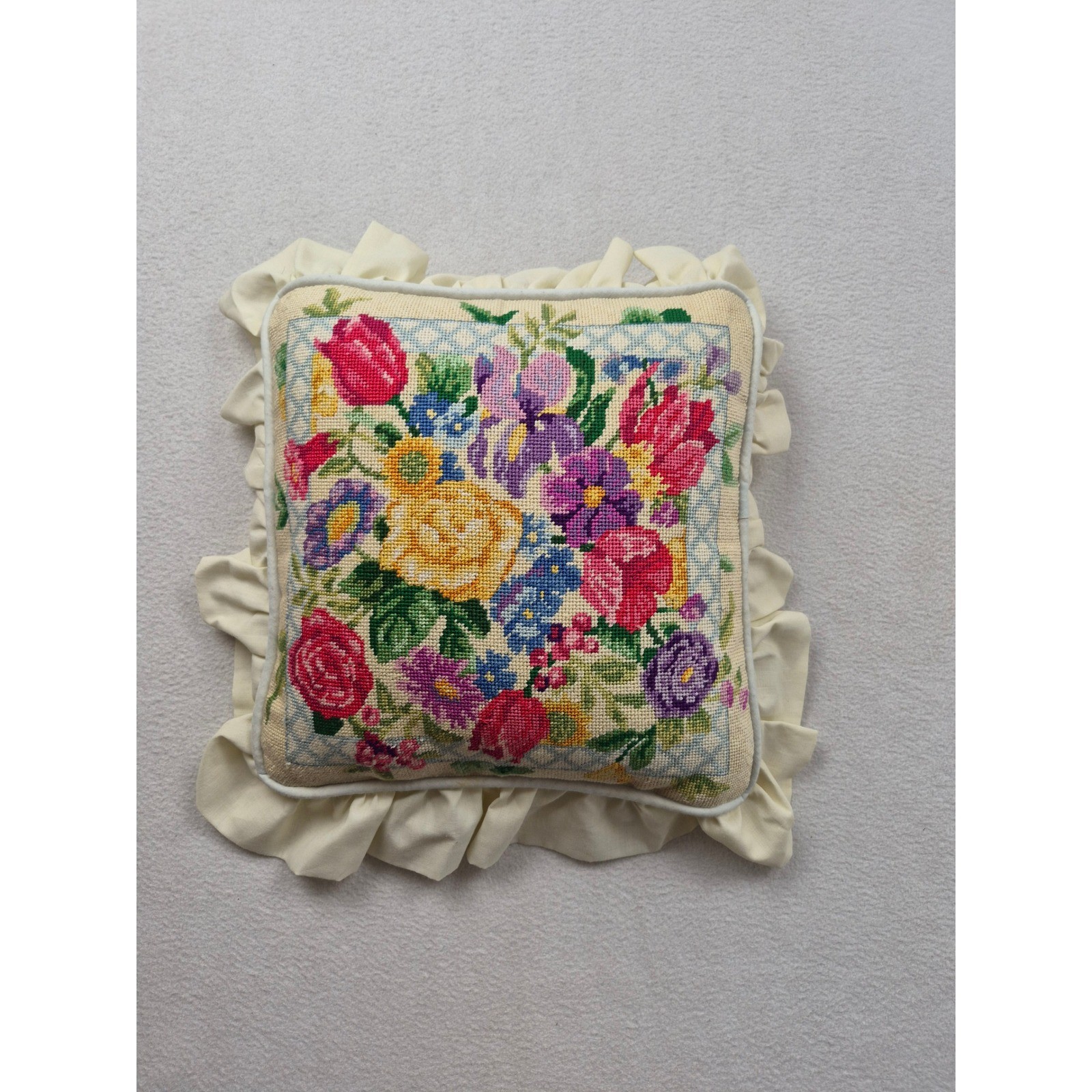 Vintage Floral Needlepoint Throw Pillow Cream Ruffled Edge Cottagecore 11x11 gallery