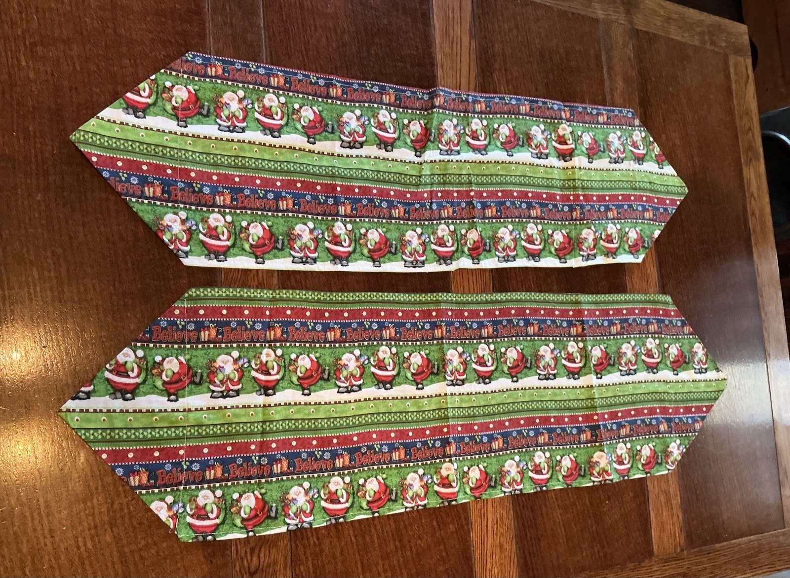 2 Christmas Table Runners “Believe” In Santa Claus 40.4”x11” & 38”x10” Pointed gallery