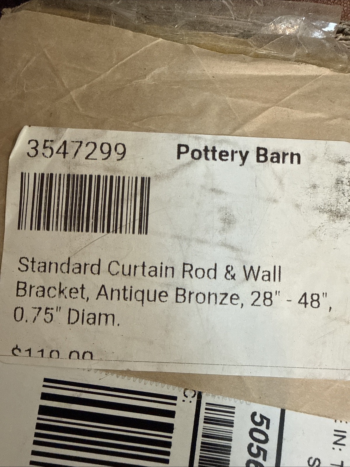 Pottery Barn Standard Curtain Rod & Wall Bracket 28-48" Bronze - .75" - New gallery