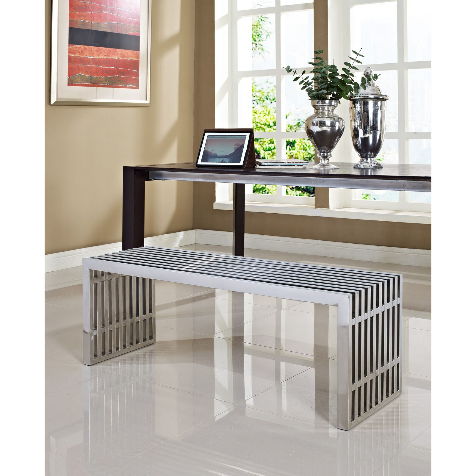 Modway Gridiron Medium Stainless Steel Bench in Silver gallery