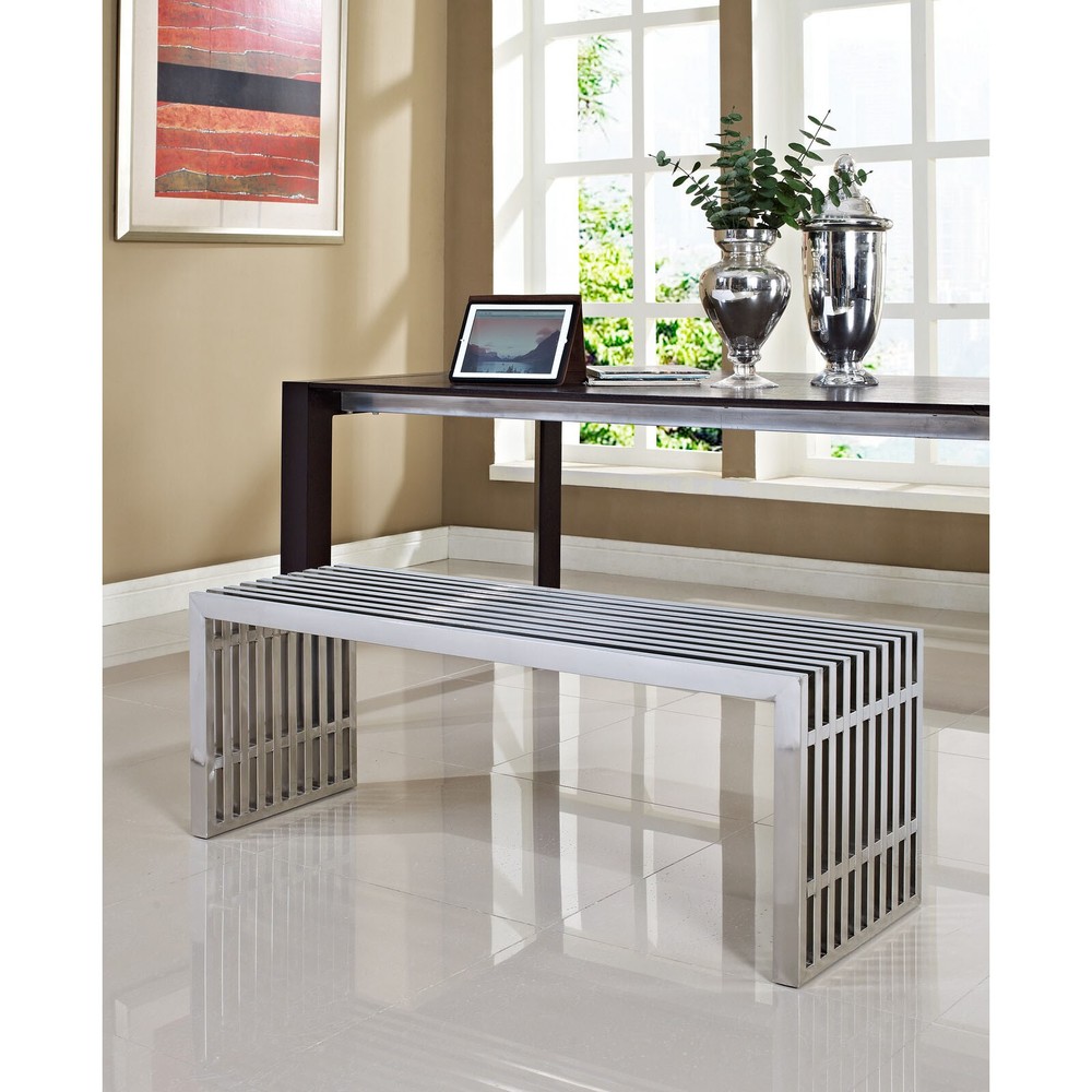 Modway Gridiron Medium Stainless Steel Bench in Silver