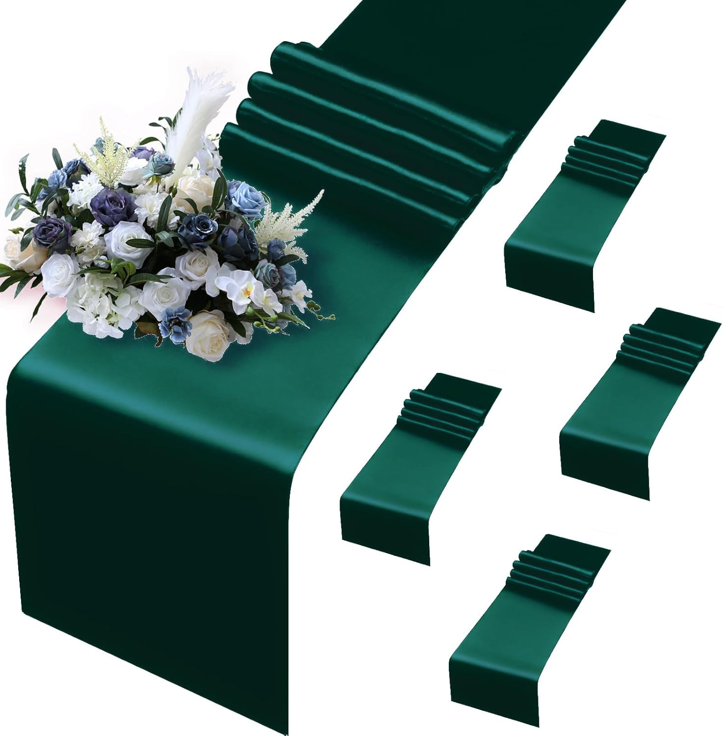 5 Pack Forest Green Satin Table Runners, 12 X 108 Inch Bright Satin Silk Table R gallery
