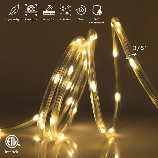Warm White 8-Mode LED Outdoor Waterproof Rope Light 10' 20' 25' 50' 100' 150' ft gallery