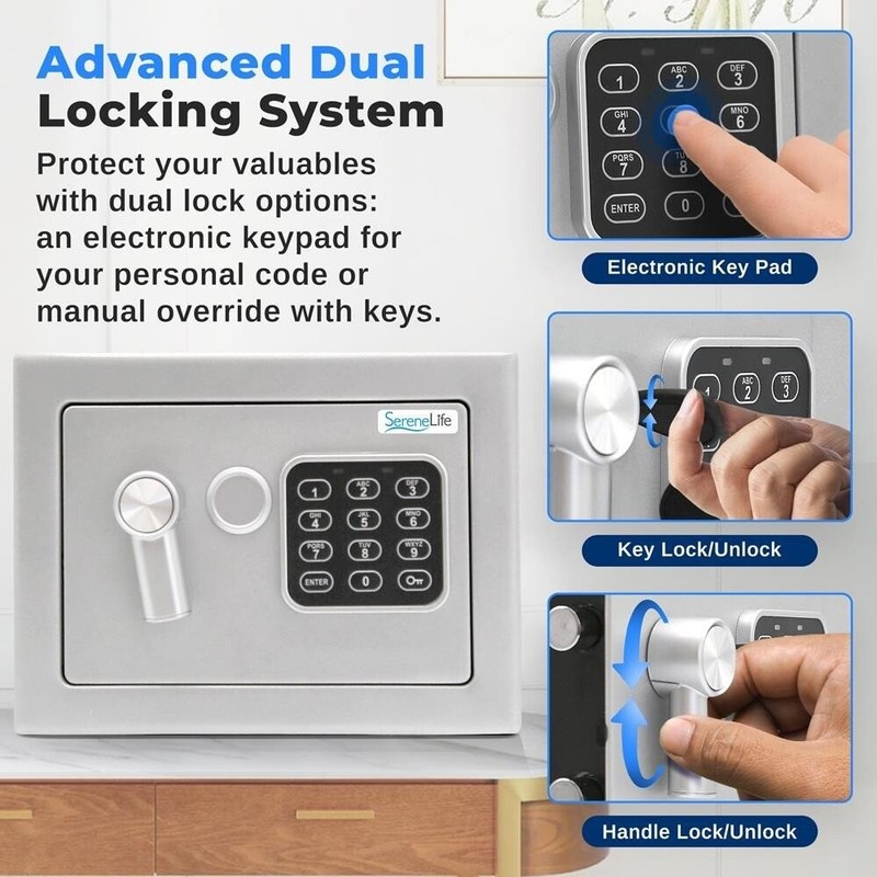 SereneLife Compact Electronic Safe Box with Digital Touch Pad w/ keys (Silver) gallery