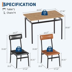Dining Table Set 5 Piece Metal Table & 4 Chairs, Kitchen Breakfast Furniture Set