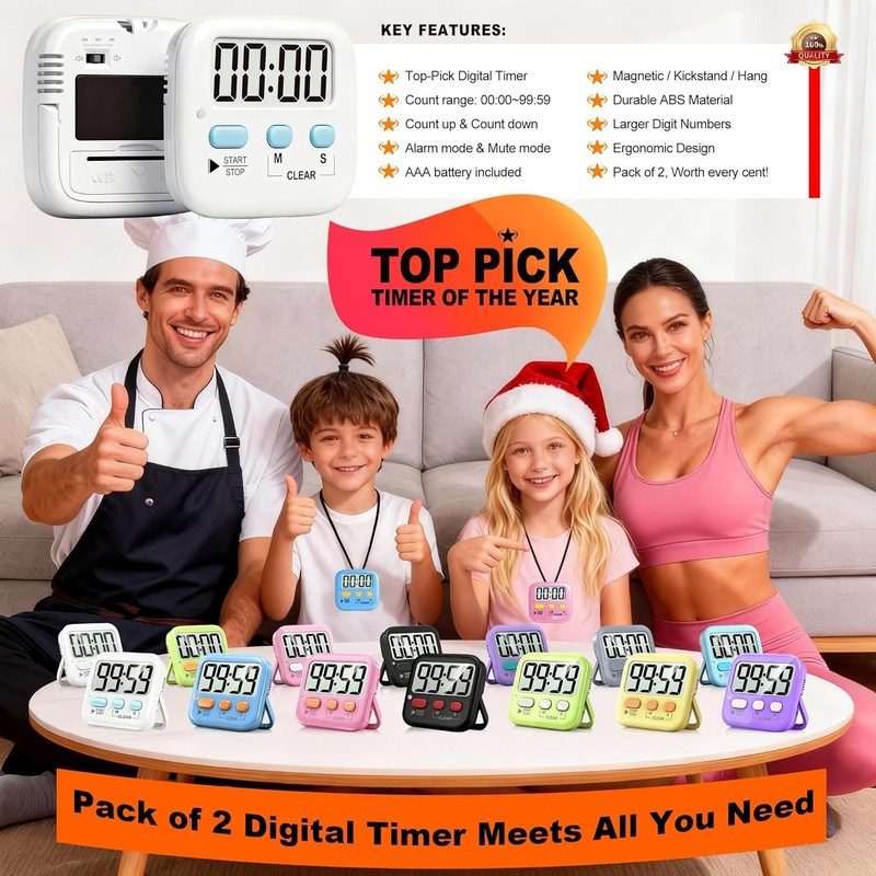 Antonki 2-Pack Digital Kitchen Timer Magnetic Countdown for Cooking & Study gallery