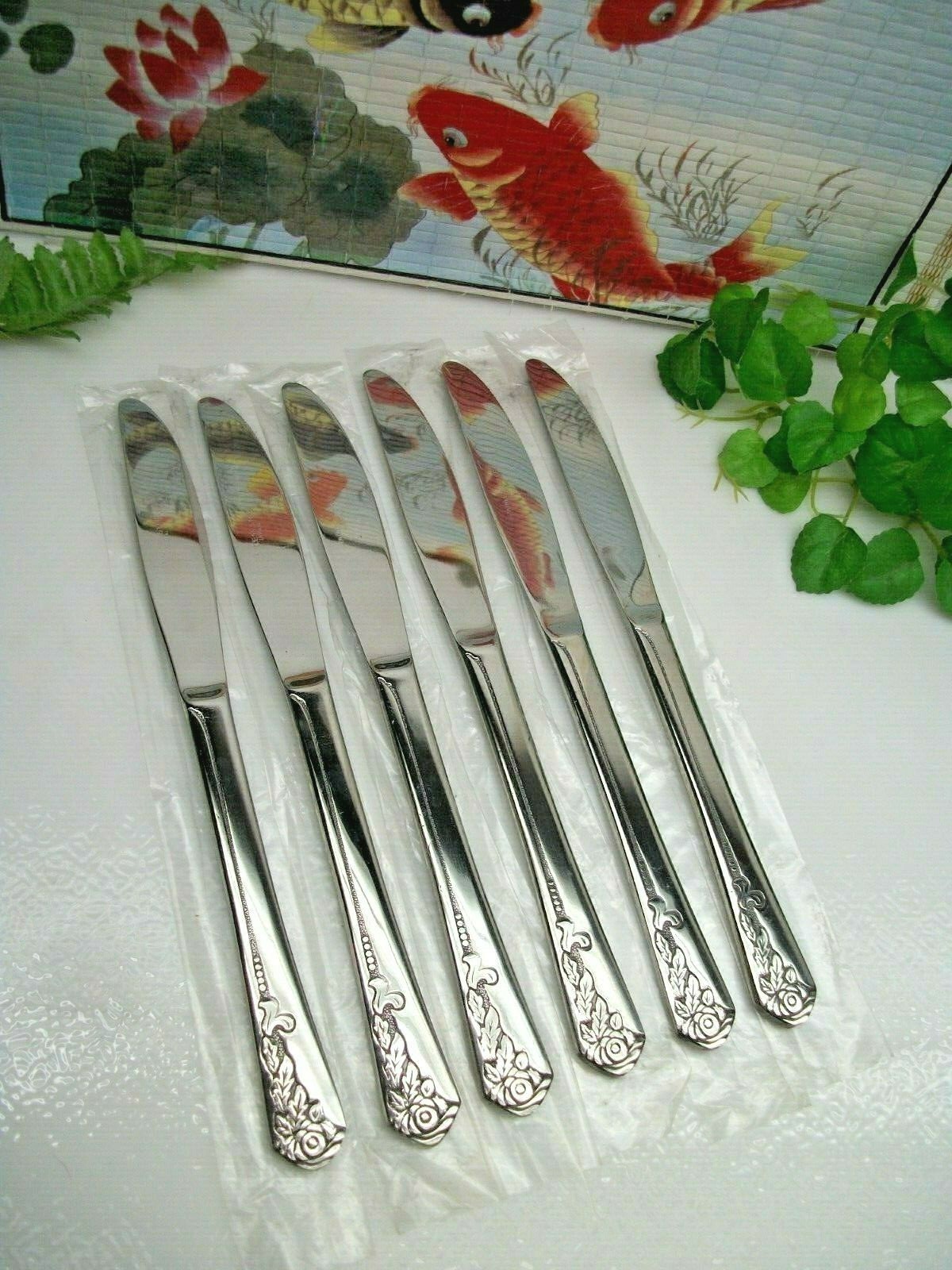 6 NOS Interpur INR21 Stainless Steel Solid Handle Dinner Knives NEW gallery