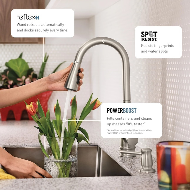Moen Sarai 87836SRS Pulldown Kitchen Faucet w/ Soap Dispenser & Powerboost gallery