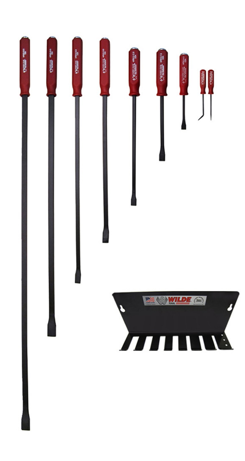 Wilde 9pc Pry Bar Set 4-45" HPB9, Hard Cap Strike Handle Steel Rack Made in USA gallery