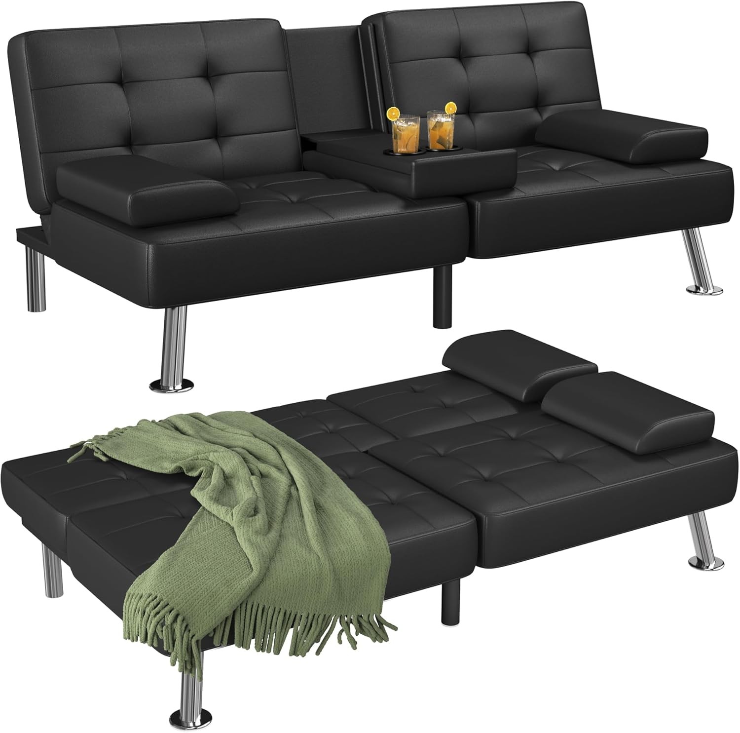 Flamaker Futon Sofa Bed Folding Convertible with 2 Cup Holders Black gallery