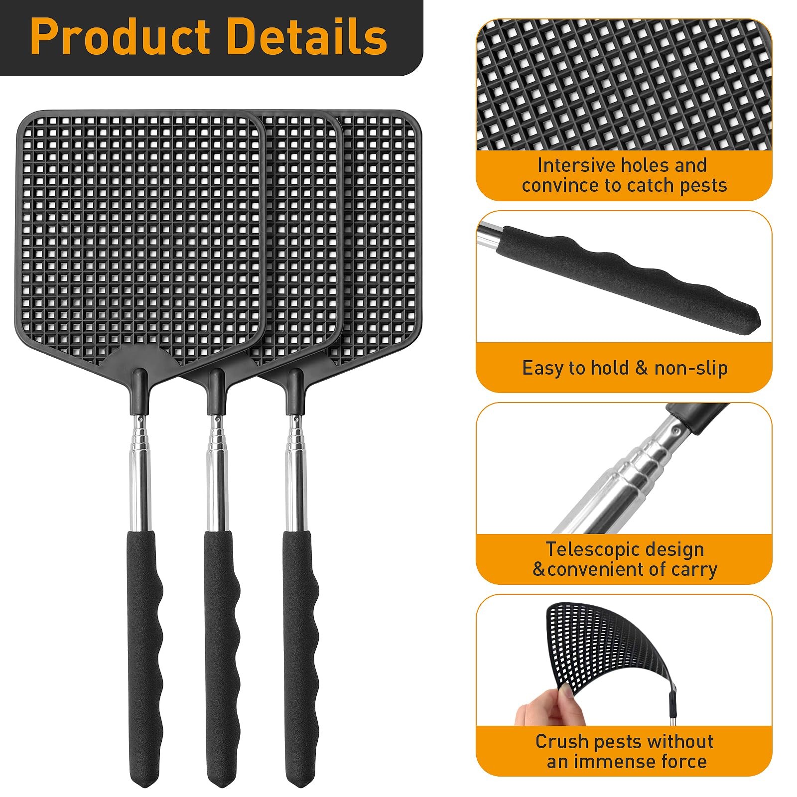 Telescopic Fly Swatter 3 Pack, Heavy Duty Flyswatters with Stainless Steel Handl gallery