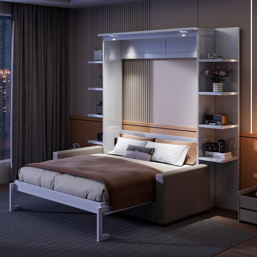 Queen Size Murphy Bed Wall Bed with Sofa Shelves and LED Lights Wood Hidden Beds gallery