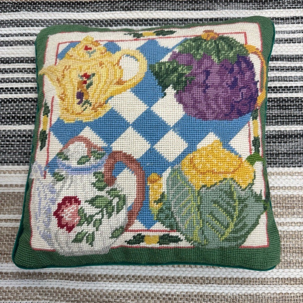 Vintage Wool Needlepoint Multicolor Throw Pillow Teapot Collection gallery