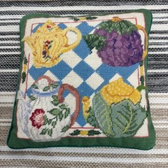 Vintage Wool Needlepoint Multicolor Throw Pillow Teapot Collection