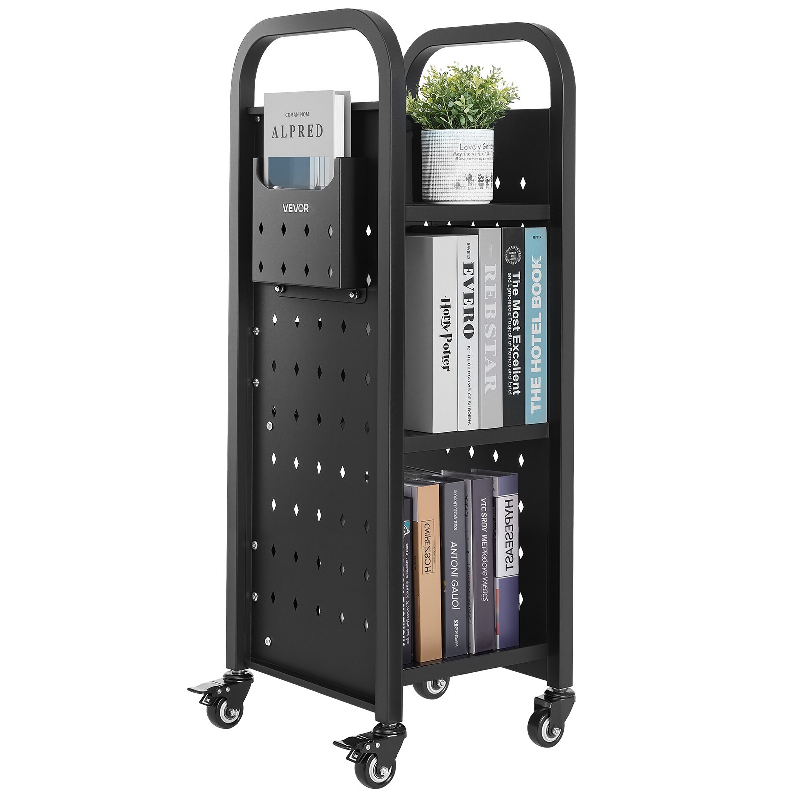 VEVOR 3-Tier Rolling Book Cart Single Sided L-Shaped Shelves Book Truck Black gallery