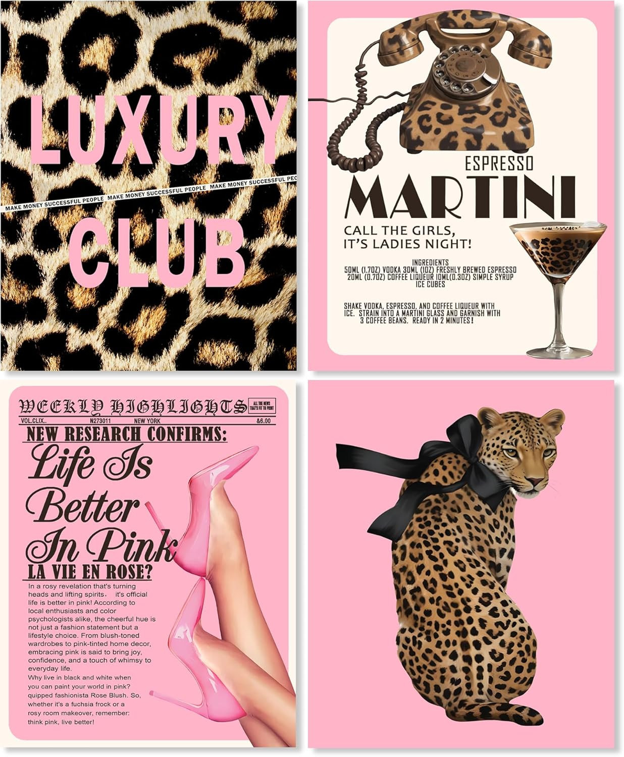Trendy Retro Pink Y2K Leopard Bar Wall Art Prints 8X10 Set of 4, Luxury Room Dec gallery