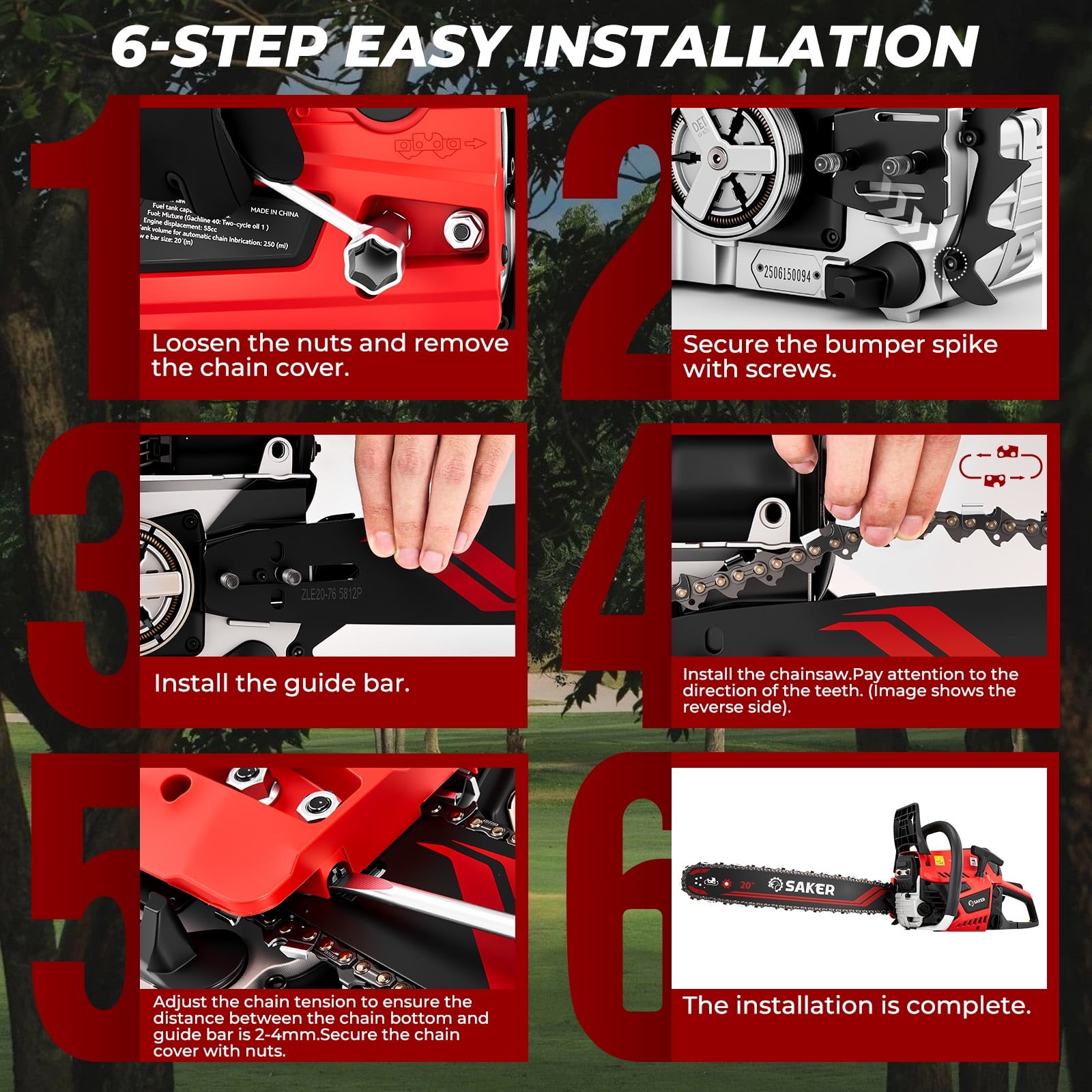 Saker 58cc Gas Chainsaw, 3.2HP 2-Cycle Engine, 20-Inch Manganese Steel Bar, gallery