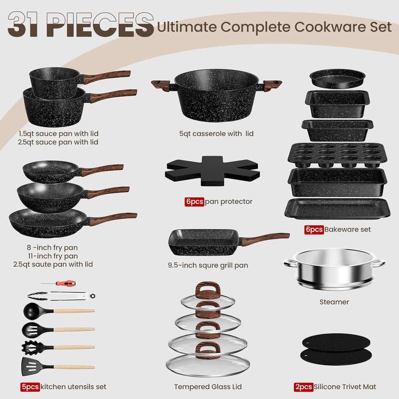 Non Stick Pots and Pans Set Kitchen Cookware Bakeware Induction 31 Pcs gallery