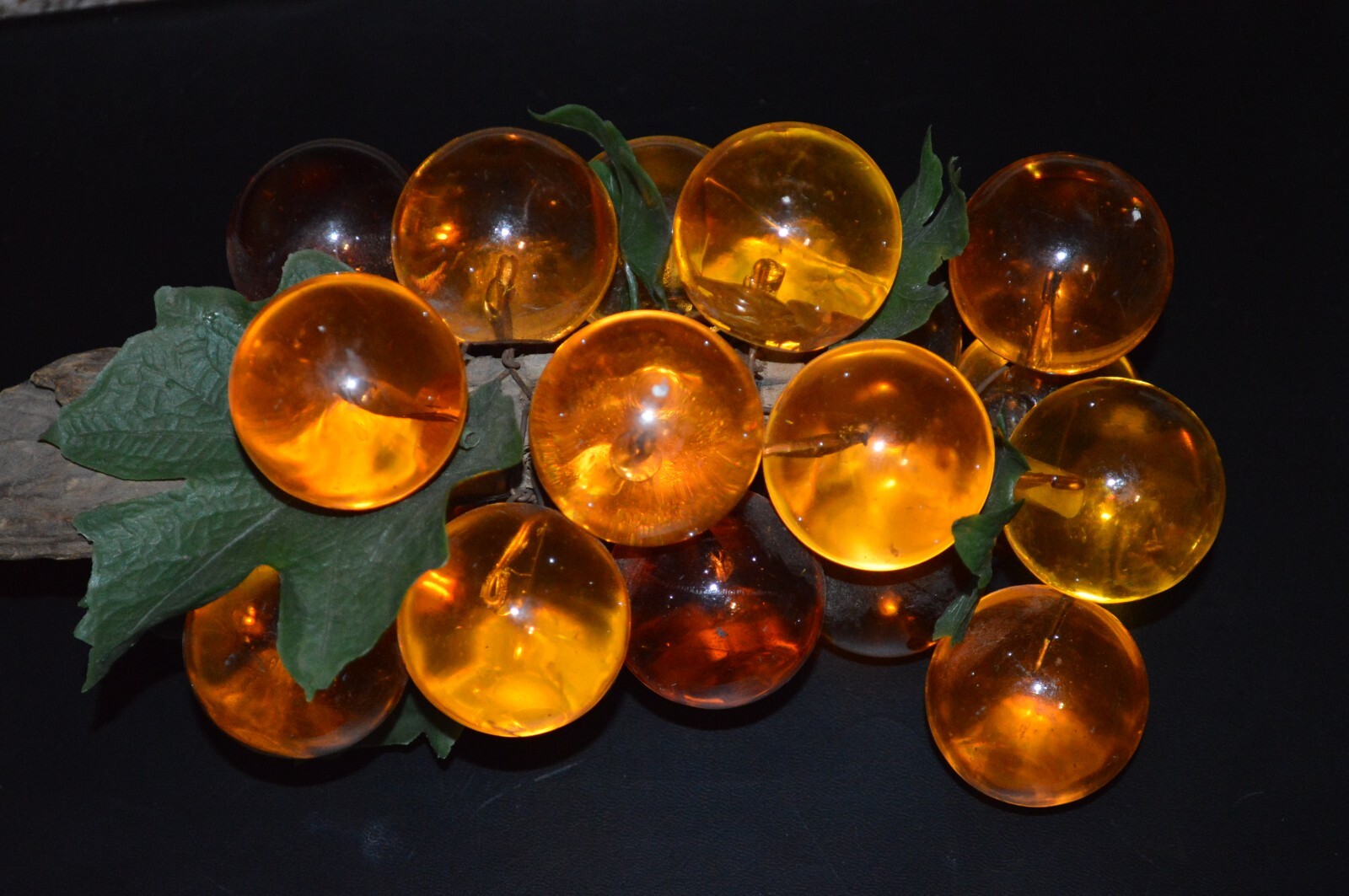 Lucite Acrylic Orange Amber Large Grapes Cluster on Drift Wood 11” Long Vintage gallery