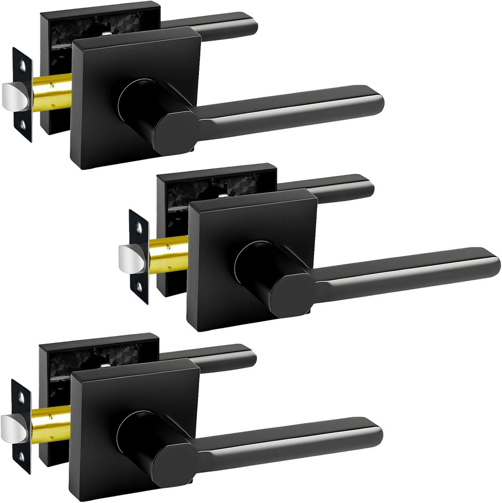 Passage Door Levers, 3 Pack Black Heavy-Duty Interior Door Handles, Square Non-L
