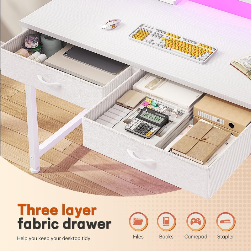 Small 32 Inch White Computer Desk with 2 Drawers LED Lights And Monitor Stand gallery