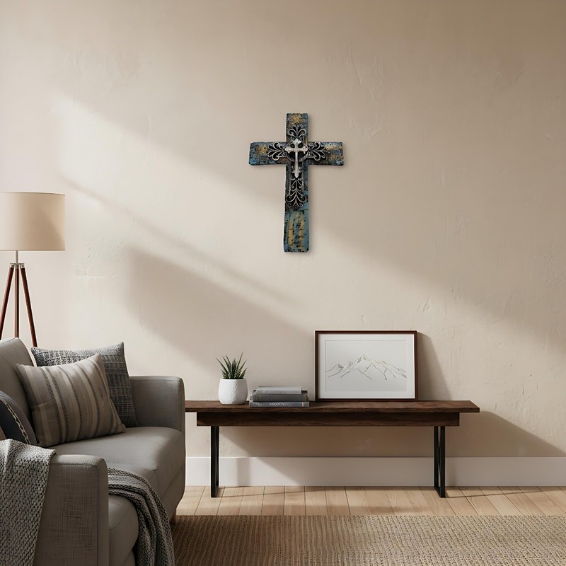 Rustic Turquoise Wall Cross Christian Faith Metal Overlay Southwest Decor 15 in gallery