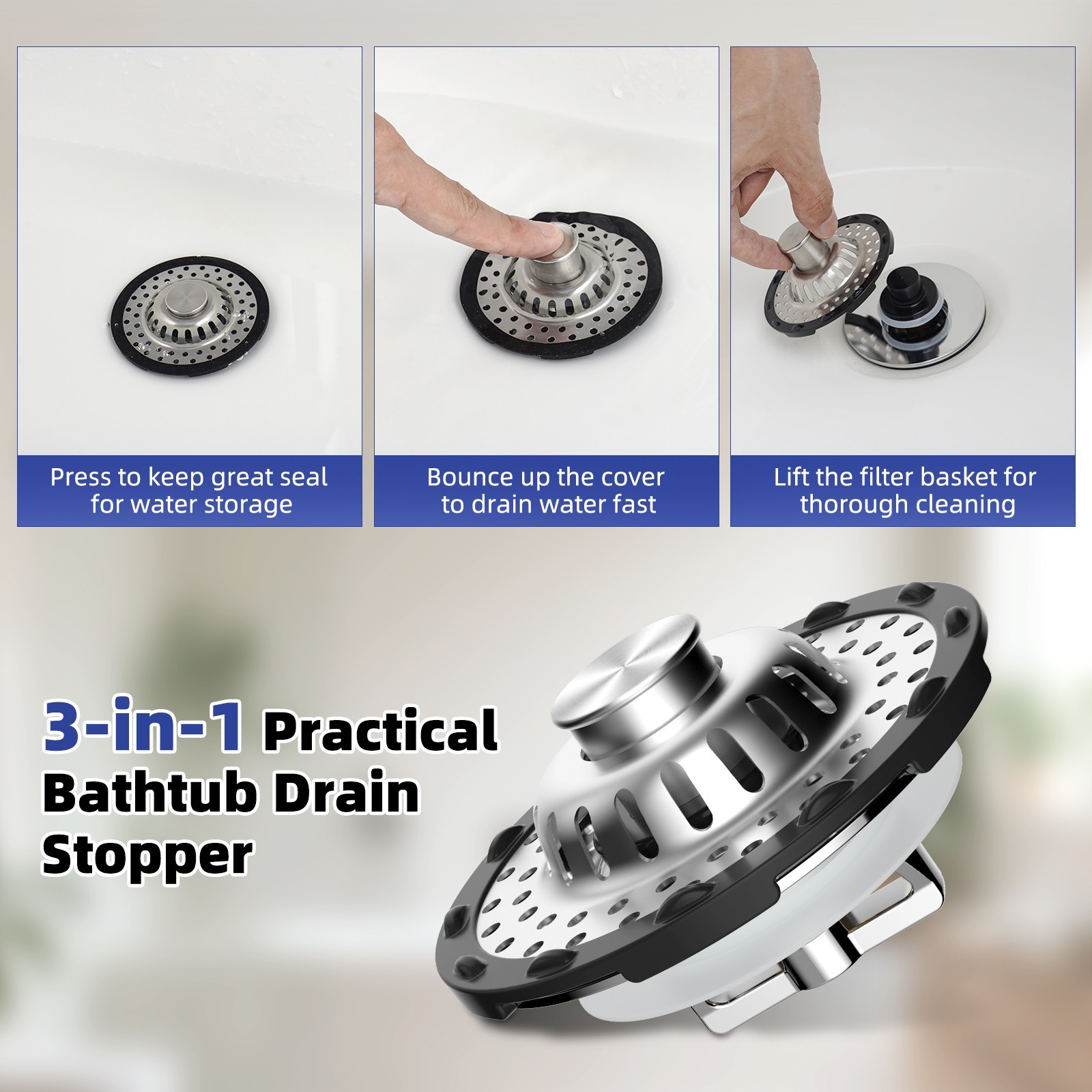 Universal Bathtub Drain Stopper - Pop-Up Hair Catcher for Tub 1.5 to 2.4" Hole gallery