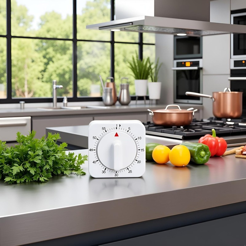 Eco-Friendly White Kitchen Timer - 60-Minute Mechanical Clock, No Batteries gallery