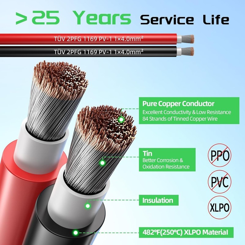 100ft Solar Panel Extension Cable 10AWG 6mm² Tinned Copper PV Cable Solar Wire gallery