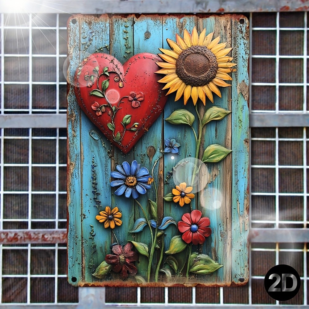 Rustic Sunflower Red Heart Metal Sign - 3D Wood Effect Floral Tin Decor gallery