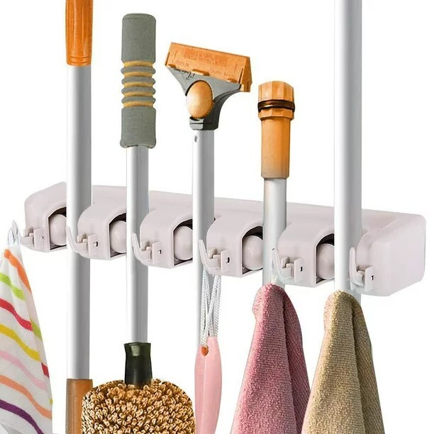 White Wall Mounted Mop & Broom 5 Position Hanger, holds up to 7-1/2 pounds gallery